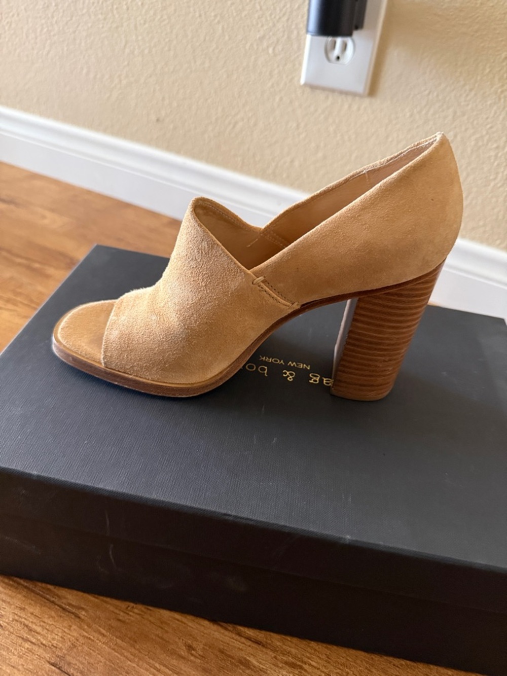 rag & bone Suede Open-Toe Block Heel in Beige